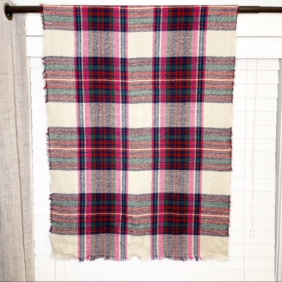 Pink Wool Plaid Tartan Blanket Scarf New Beige Red - Picture 9 of 9